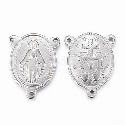 201 Stainless Steel Chandelier Component Links, 3 Loop Connectors, Oval with Virgin Mary, Rosary Center Pieces, Stainless Steel Color, 21.5x16.5x3mm, Hole: 1.2mm