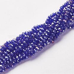 Electroplate Glass Beads Strands, AB Color Plated, Faceted, Rondelle, Dark Blue, 4x3mm, Hole: 1mm, about 140~145pcs/strand, 16inch