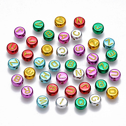 Perles acryliques plaquées, trou horizontal, plat rond avec la lettre initiale, couleur mixte, mixte, 7x3.5mm, Trou: 1.2mm