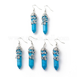 Synthetic Turquoise Bullet with Flower Dangle Earrings, Platinum Tone Brass Jewelry for Women, Cadmium Free & Lead Free, 62~63mm, Pin: 0.6mm