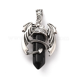 Natural Obsidian Pointed Pendants, Faceted Bullet Charms, with Rack Plating Platinum Tone Alloy Dragon Findings, Cadmium Free & Lead Free, 39~41x24~25x13~14mm, Hole: 4x8mm