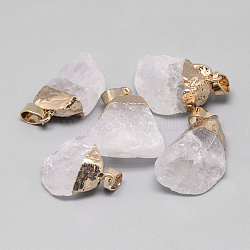 Pendentifs en cristal de quartz brut naturel, pendentifs en cristal de roche, avec les accessoires en fer, pépites, or, 20~30x17~27x10~15mm, Trou: 4x7mm