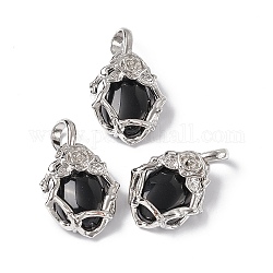 Natural Obsidian Pendants, Oval Charms, with Platinum Tone Brass Rose Findings, Cadmium Free & Nickel Free & Lead Free, 25~26x19~19.5x9~9.5mm, Hole: 7.5x5.5mm