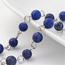Cadenas hechas a mano, lapis natural del lapislázuli de cadenas de abalorios redondas, sin soldar, con alfiler de latón, color plateado, 39.3 pulgada