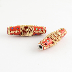 Oval Handmade Indonesia Beads, with Rhinestones and Silver Metal Color Aluminum Cores, Orange, 60x18mm, Hole: 4mm