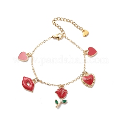 Mot amour coeur lèvre rose alliage émail bracelet à breloques, bijoux en laiton thème saint valentin pour femme, rouge, 6-3/4 pouce (17 cm)