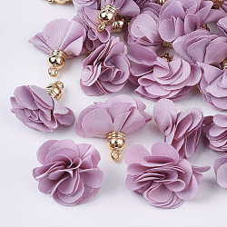 Décorations de pendentif en tissu, avec les accessoires acryliques, fleur, Prune, 25~30x28~35mm, Trou: 2mm