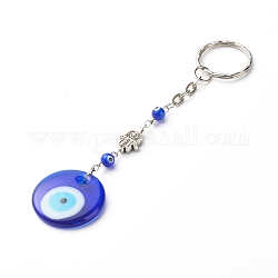 Porte-clés mauvais œil fait à la main, avec fer et 304 fermoir à clé en acier inoxydable et perles en alliage de style tibétain, plat rond, bleu, 13.4 cm
