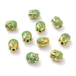Perline in lega, la testa del buddha, patina dorata e verde, 10.5x8.6x7.7mm, Foro: 2 mm