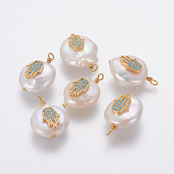 Pendentifs de perles d'eau douce de culture naturelle, avec accessoires zircon cubique micro pave en laiton, pépites avec main hamsa / main de fatima / main de miriam, or, bleu profond du ciel, 17~22x12~16x5~8mm, Trou: 1.8mm