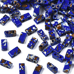 2-trou perles rocailles en verre opaque, style antique, rectangle, bleu moyen, 4.5~5.5x2~2.5x2mm, Trou: 0.5~0.8mm