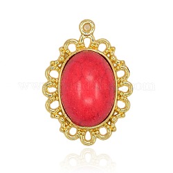 Nickel Free & Lead Free Golden Plated Alloy Pendants, Long-Lasting Plated, Oval Synthetic Turquoise Pendants, Red, 30x21x7mm, Hole: 1mm