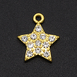 Charms rhinestone de la aleación, estrella de cinco puntas, dorado, cristal, 14x12x2mm, agujero: 1.4 mm