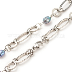 304 collier chaîne à maillons ovales et anneau en acier inoxydable avec perle naturelle perlée pour femme, couleur inoxydable, couleur mixte, 15.55 pouce (39.5 cm)
