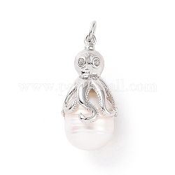 Shell pendenti di perle, con risultati in ottone pavé di zirconi chiari,  cadmio& piombo libero, placcato di lunga durata, ovale con charm polpo, platino, 22~32x11x13mm, Foro: 3 mm