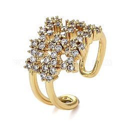 Rack Plating Brass Micro Pave Cubic Zirconia Open Cuff Rings, Flower, Lead Free & Cadmium Free, Long-Lasting Plated, Real 18K Gold Plated, Inner Diameter: 18mm