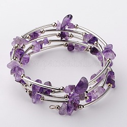 Bracelets de chaîne de puce d'améthyste naturelle, fil à mémoire de bracelet en acier avec des perles de tuyauterie en cuivre et des perles rondes en fer, platine, améthyste, 53mm