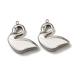 304 Stainless Steel Enamel Pendants, Swan Charms, Stainless Steel Color, White, 17.5x17x3.5mm, Hole: 1mm