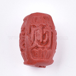 Perles de cinabre, sculpté en laque, tonneau avec des caractères chinois, rouge, 16x12x11mm, Trou: 1.6mm