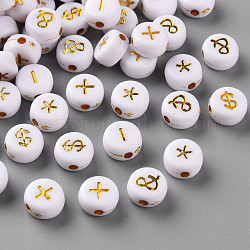 Placage de perles acryliques blanches, plat rond avec caractère anglais, plaqué or, 7x3.5mm, Trou: 1.5mm, environ4540 pcs / 500 g.