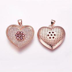 Ottone micro spianare pendenti zirconi, cuore, oro roso, 22x24x4.5mm, Foro: 3.5x4 mm