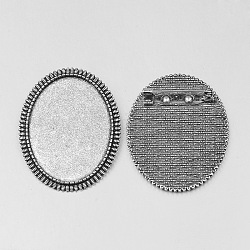 Bases de bisel cabujón broche de aleación tibetana vendimia, sin plomo y cadmio, con fornitura de pin de barras de hierro, plata antigua, bandeja ovalada: 30x40 mm, 47x37x2mm, pin: 0.8 mm
