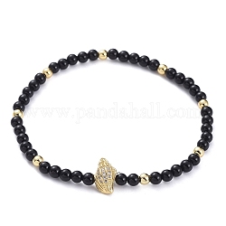 Stretch Bracelets, with Natural Black Agate(Dyed) Beads, Brass Round Beads, Brass Micro Pave Grade AAA Cubic Zirconia Beads and Elastic Crystal Thread, Conch Shell Shape, with Cardboard Box, 2-3/8 inch(6cm)