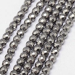 Chapelets de perles en hématite synthétique sans magnétiques, facette, ronde, Grade a, Plaqué Argent, 3mm, Trou: 1mm, Environ 127 pcs/chapelet, 16 pouce