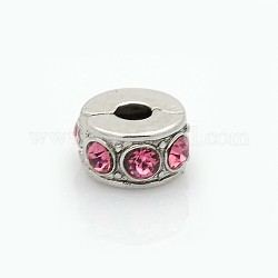 Latón columna de rhinestone de cristal broches de estilo europeo, rosa luz, 11x6mm, agujero: 3 mm