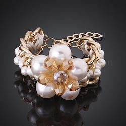 Bracciali di fiori imitazione di perle, con catene in ottone, bianco, oro, 7-7/8 pollice (20 cm)