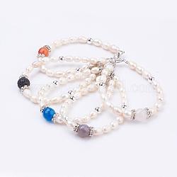 Freshwater Pearl Bracelets, Natural Mixed Stone, with Alloy Finding and Brass Finding, 7-1/2 inch(190mm), 6mm