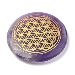 Cabochon di ametista naturale a tema chakra, piatta e rotonda con il fiore della vita, 35x6~7mm