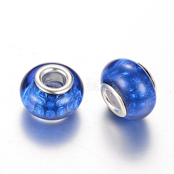 Abalorios de resina europea, Abalorios de grande agujero, Con núcleos de latón plateado color plata, rerondana plana, azul real, 14x9~9.5mm, agujero: 5 mm