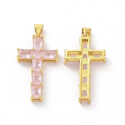 Pendentifs en laiton zircon cubique transparent, croix, religion, perle rose, 32.5x18x5.5mm, Trou: 3.5x5mm