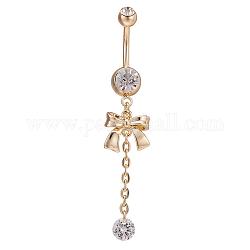 Piercing Jewelry Real 18K Gold Plated Brass Rhinestone Bowknot Navel Ring Belly Rings, Crystal, 60x12mm, Bar Length: 3/8