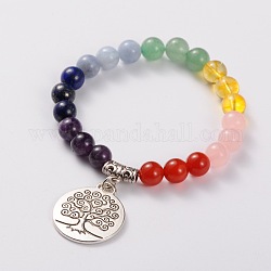 Natural Gemstone Stretch Charm Bracelets, with Tibetan Style Tree of Life Pendant, Antique Silver, Colorful, 55mm
