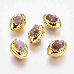 Perles de pierre de soleil naturelles, avec des accessoires bordés en laiton plaqué or, facette, olive, 25~34x17~23x16~21mm, Trou: 1~1.4mm