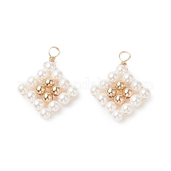 Pendentifs en perles de coquillages, avec les accessoires en laiton, breloques de losange, or, 27x21x4mm, Trou: 3.5mm
