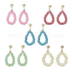 Teardrop Glass Seed Beads Dangle Earring, with Golden Tone 304 Stainless Steel Stud Earring Findings, Mixed Color, 42mm, Pendant: 34~36x19x4~5mm, Pin: 0.7mm