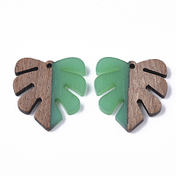 Resin & Walnut Wood Pendants, Tropical Leaf Charms, Monstera Leaf Pendant, Green, 30x28x3.5mm, Hole: 2mm