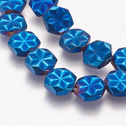 Гальванические немагнитная синтетический гематит бисер пряди, класс АА, шестиугольник с цветком, с покрытием синим, 9x8x2.5~3 мм, отверстие : 1 мм, около 40 шт / нитка, 15.7 дюйм (40 см)