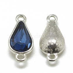 Alloy Glass Links connectors, teardrop, Platinum, Prussian Blue, 21x10x5~6mm, Hole: 2mm