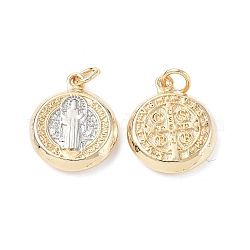 Brass Pendants, Cadmium Free & Lead Free, with Jump Ring, Flat Round with Flat Round with Cssml Ndsmd Cross God Father Religious Christianity, Real 18K Gold Plated & Platinum, Mixed Color, 18x15x3.5mm, Ring: 5x0.8mm, Hole: 3.3mm