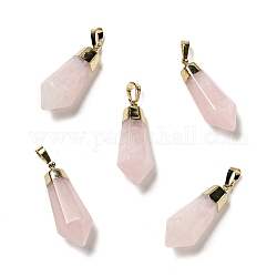 Naturelle quartz rose a pendentifs, avec les accessoires en laiton de tonalité d'or, balle, 35~36.5x13~13.5x12mm, Trou: 5x7mm