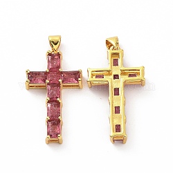Pendentifs en laiton zircon cubique transparent, croix, religion, cerise, 32.5x18x5.5mm, Trou: 3.5x5mm