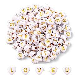Perline acrilico opaco, foro orizzontale, metallo allacciati, cuore con lettere d'oro miste, bianco, 7x3.5mm, Foro: 1.2 mm