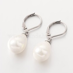 Orecchini pendenti con perla a goccia, con 304 in acciaio inox orecchini a cerchio leverback, colore acciaio inossidabile, bianco, 31mm, ago :1mm