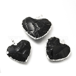 Ciondoli ossidiana naturali, charms cuore, con rifiniture in ottone placcato a cremagliera, platino, 31~36.5x31.5~37.5x8.5~10.5mm, Foro: 7x4.5 mm