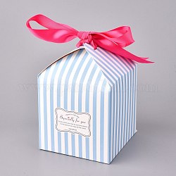 Коробка для конфет прямоугольной формы, коробка подарка свадьбы, с лентой, коробки, вертикальный рисунок зерна, голубой, 12x12x14.6см, развернуть: 20x24x0.1 см, лента: 72.6x3.9 см