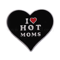 Coeur avec mot j'aime la broche en émail de mamans chaudes, insigne en alliage plaqué platine pour la fête des mères, noir, 27x30mm
